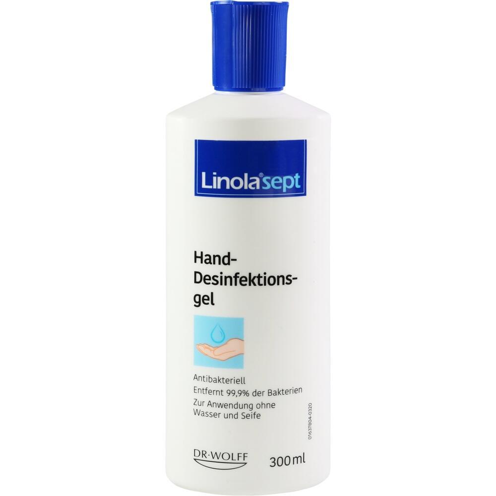 Flasche mit Hand-Desinfektionsgel und blauem Deckel.