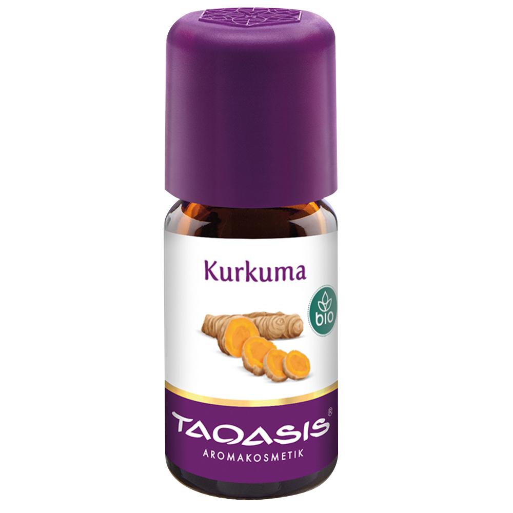 Braunes Fläschchen mit lila Deckel und Kurkuma auf dem Etikett.