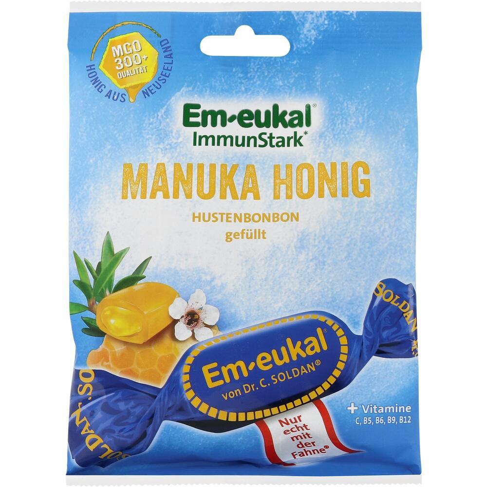 Tüte mit Em-eukal Hustenbonbons, Geschmacksrichtung Manuka Honig.
