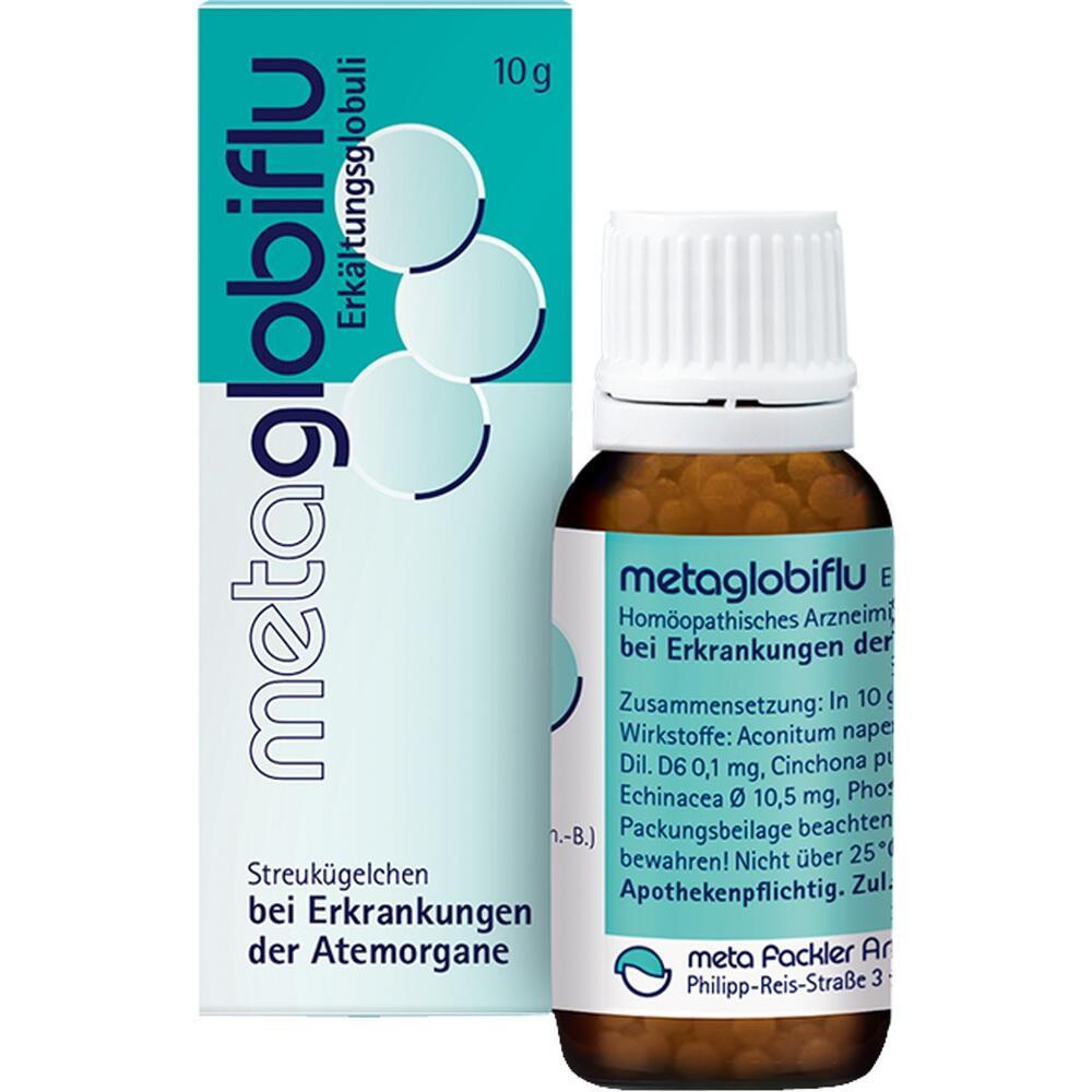 Eine Packung und ein Fläschchen mit Erkältungsglobuli von Metaglobiflu.
