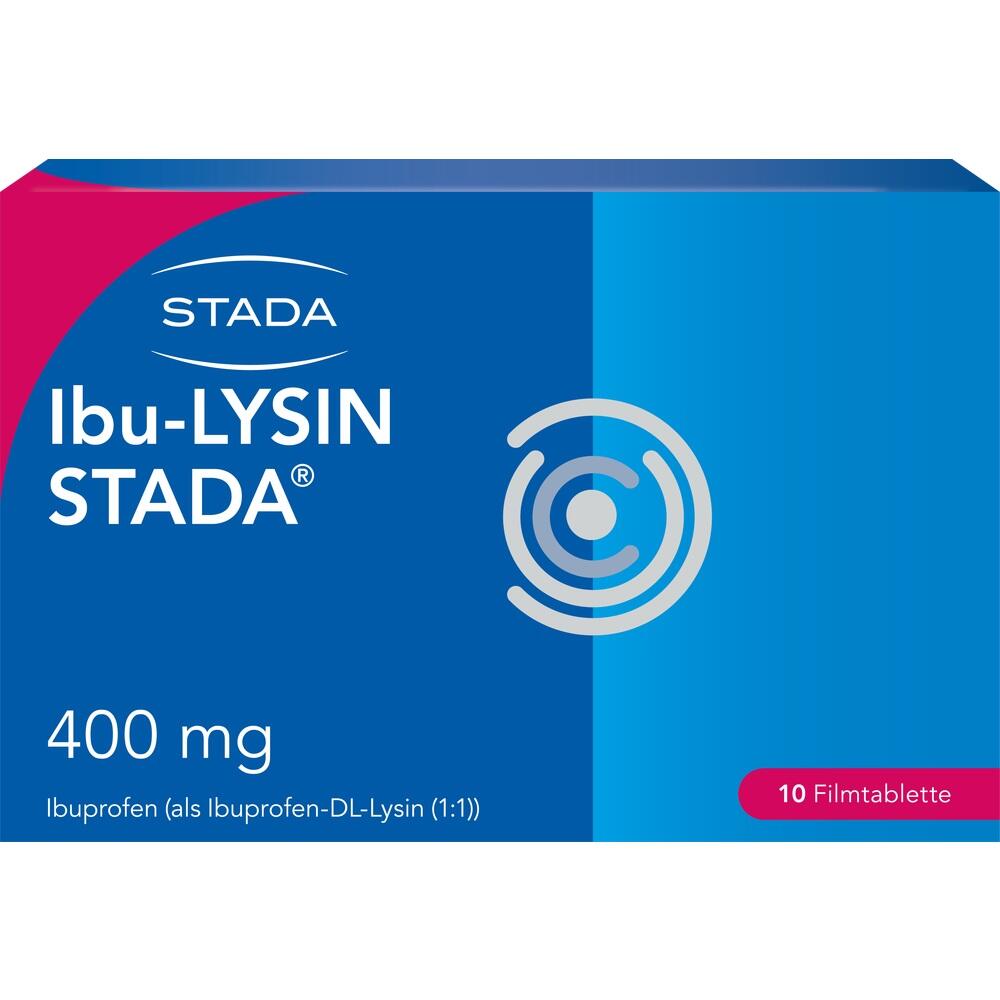 Blaue Medikamentenverpackung mit der Aufschrift Ibu-Lysin STADA 400 mg.