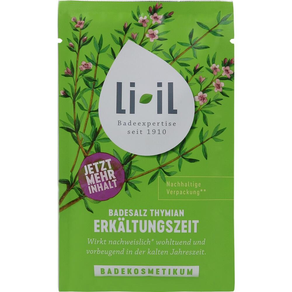 Grüne Verpackung von Li-il Thymian-Badesalz für Erkältungszeit.