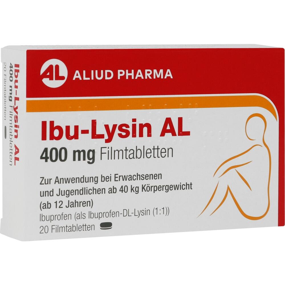 Verpackung mit 400 mg Ibu-Lysin Filmtabletten gegen Schmerzen ab 40 kg Körpergewicht.