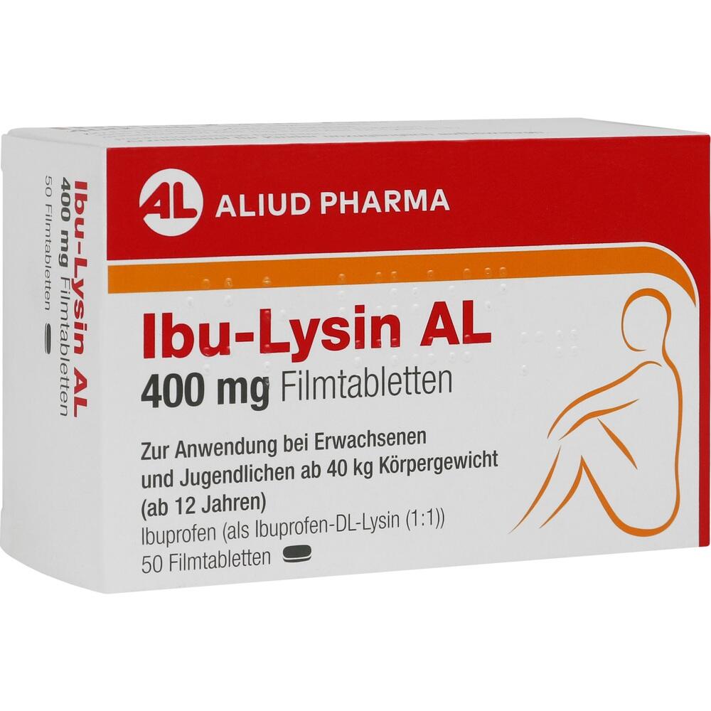 Eine Medikamentenpackung von Ibu-Lysin AL 400 mg mit 50 Filmtabletten.
