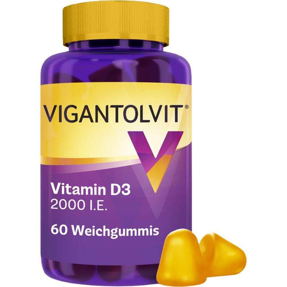 Lila Dose mit Vitamin D3 Weichgummis, 60 Stück.