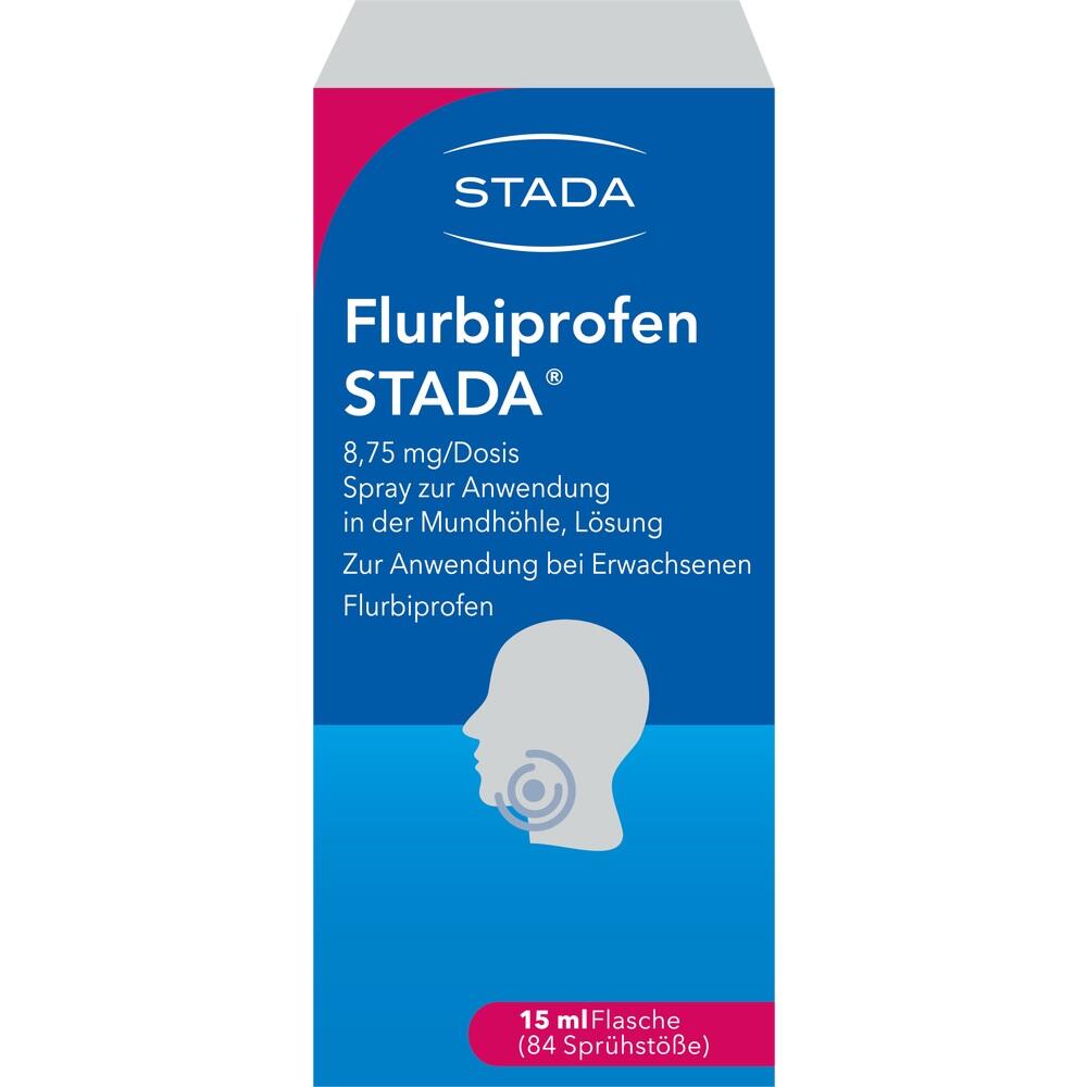 Blaue Verpackung eines Mundsprays mit der Aufschrift "Flurbiprofen STADA".