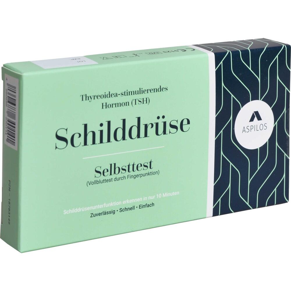 Grüne Verpackung eines Schilddrüsen-Selbsttests mit Aufschrift.