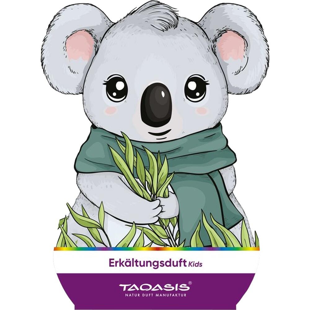Ein süßer Koala mit Schal hält Eukalyptusblätter.