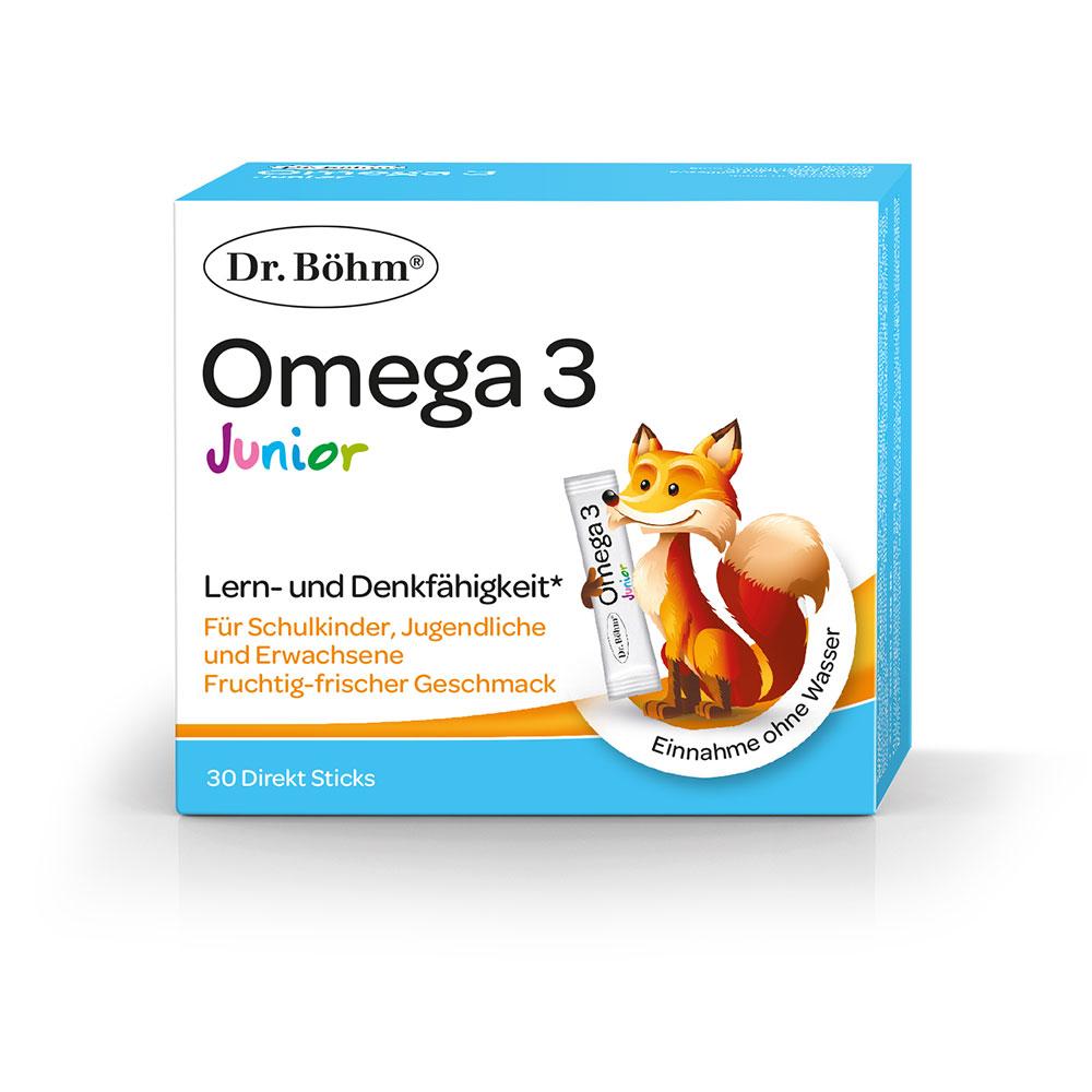 Eine Packung Dr. Böhm Omega 3 Junior mit einem fröhlichen Fuchs.