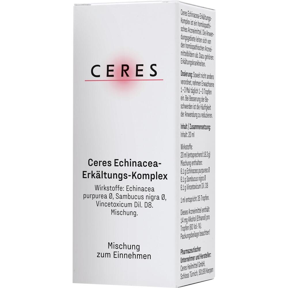 Weiße Verpackung eines Erkältungsmittels mit der Aufschrift "Ceres Echinacea-Erkältungs-Komplex".